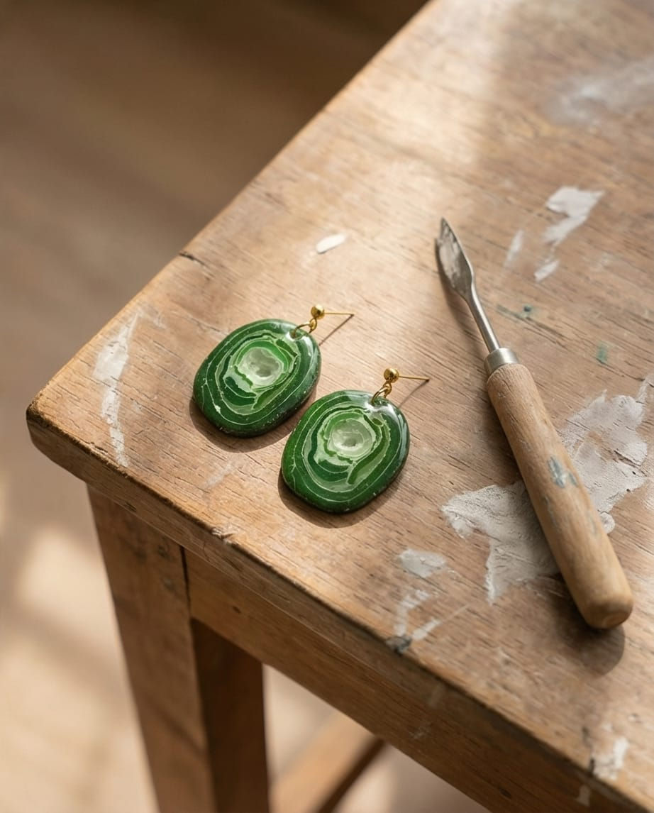 Yeşil Doğaltaş Görünümlü Polimerkil &Epoksi Tasarım Küpe( çivi paslanmaz çelik)