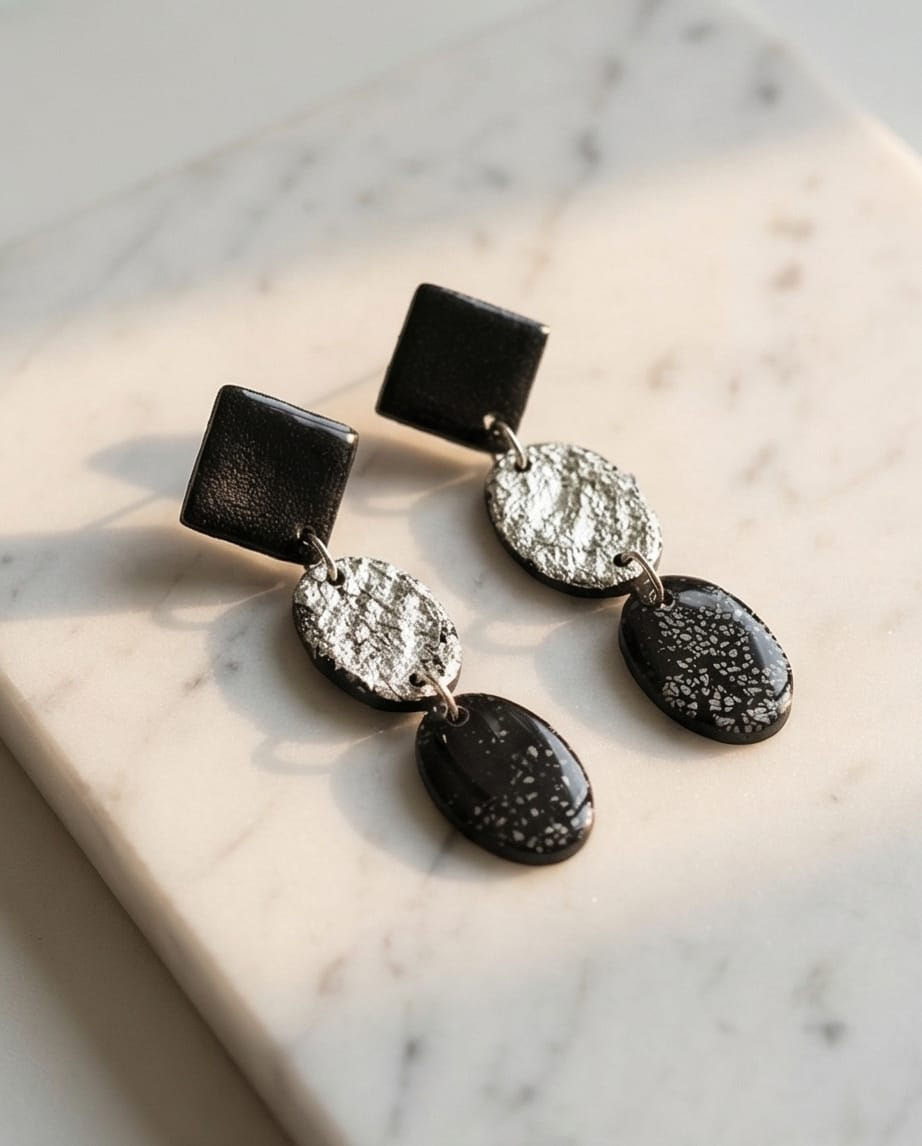 Siyah Beyaz Polimerkil &Epoksi Tasarım Küpe( çivi paslanmaz çe Kop