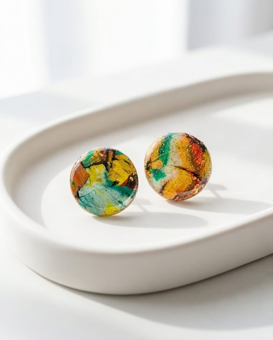 Yeşil Turuncu Galaksi Polimerkil El Yapımı Çivi Küpe ( aparat paslanmaz çelik)