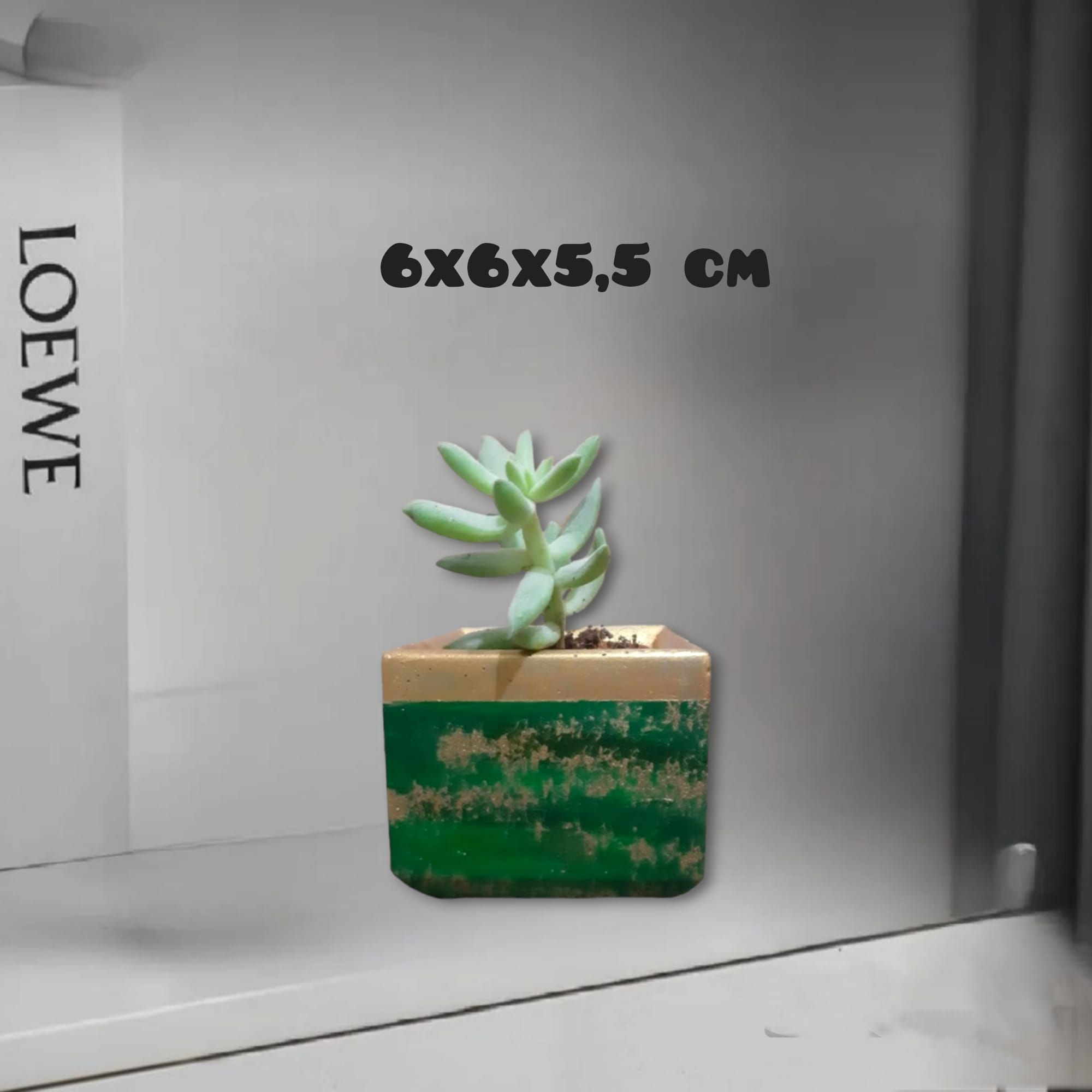 Yeşil Efektli Kare Beton Saksı & Kalemlik & Mumluk