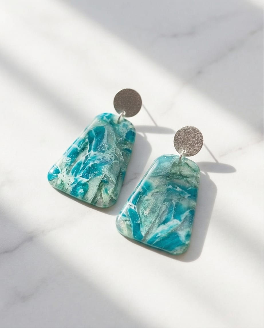 Deniz Dalgalı Polimerkil &Epoksi Tasarım Küpe( çivi paslanmaz çelik)