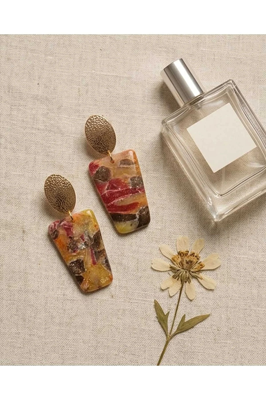 Alacalı Doğal Görünümlü Polimerkil &Epoksi Tasarım Küpe( çivi paslanmaz çelik)