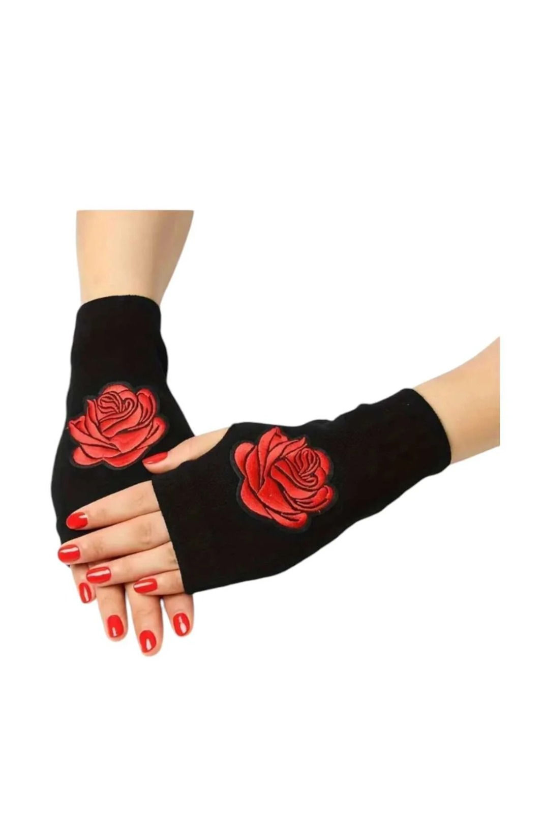 Gül Nakışlı Örme Parmaksız Eldiven