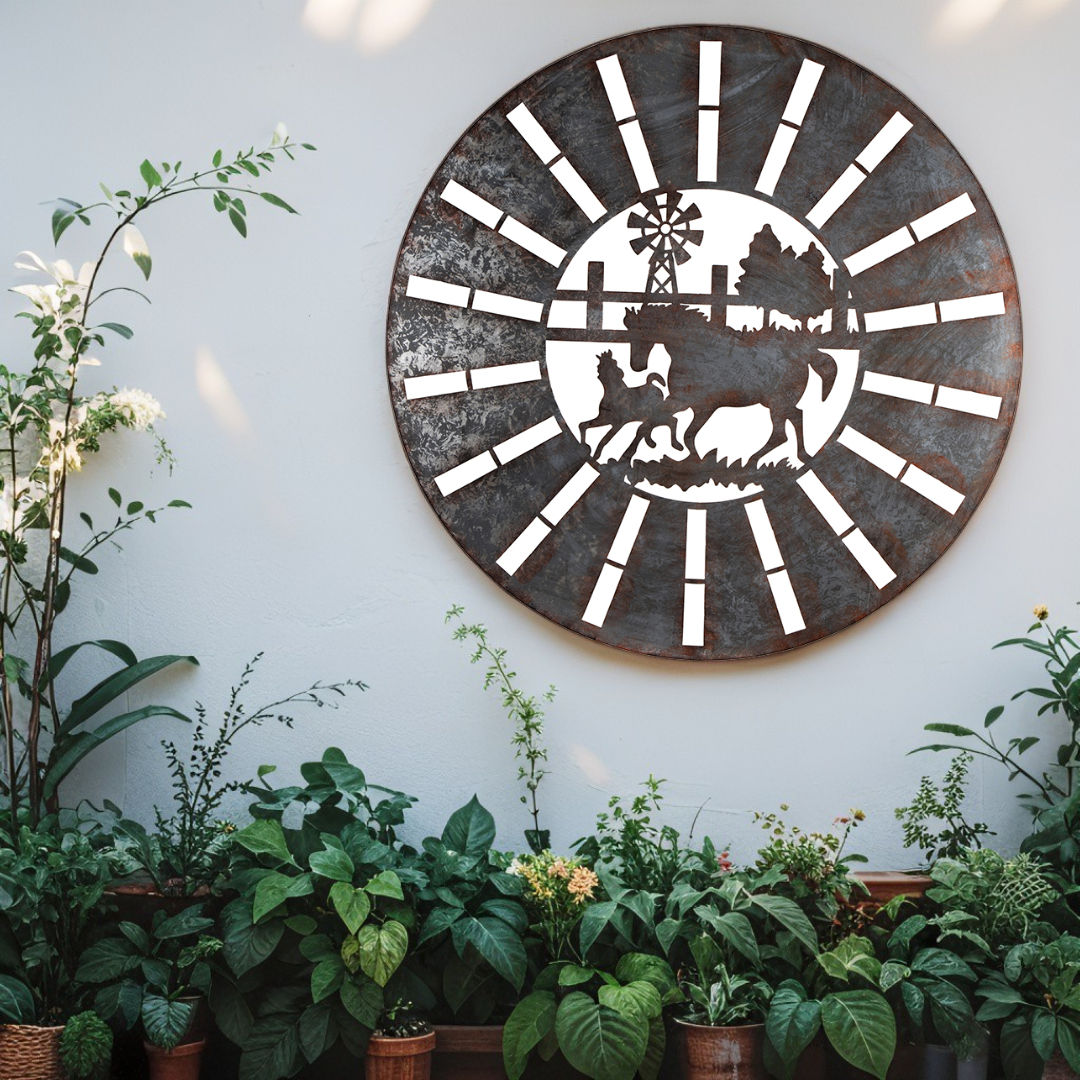 Galvanised Rustic Horses Round Laser Cut Wall Art 100cm