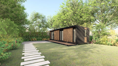 Bibo Build Barossa in a natural colour and alternative design situated in a lush green backyard