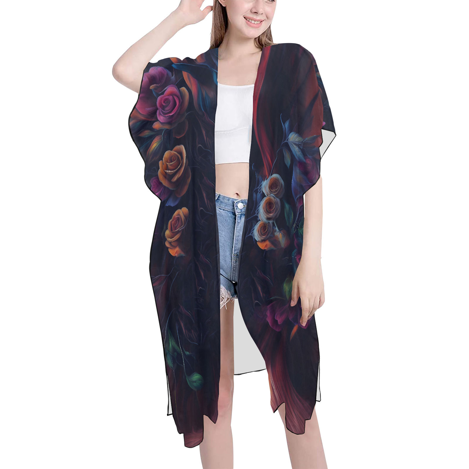 Temporal Blossoms All-over print Beach Cover-Up. Roses with nestled Skull