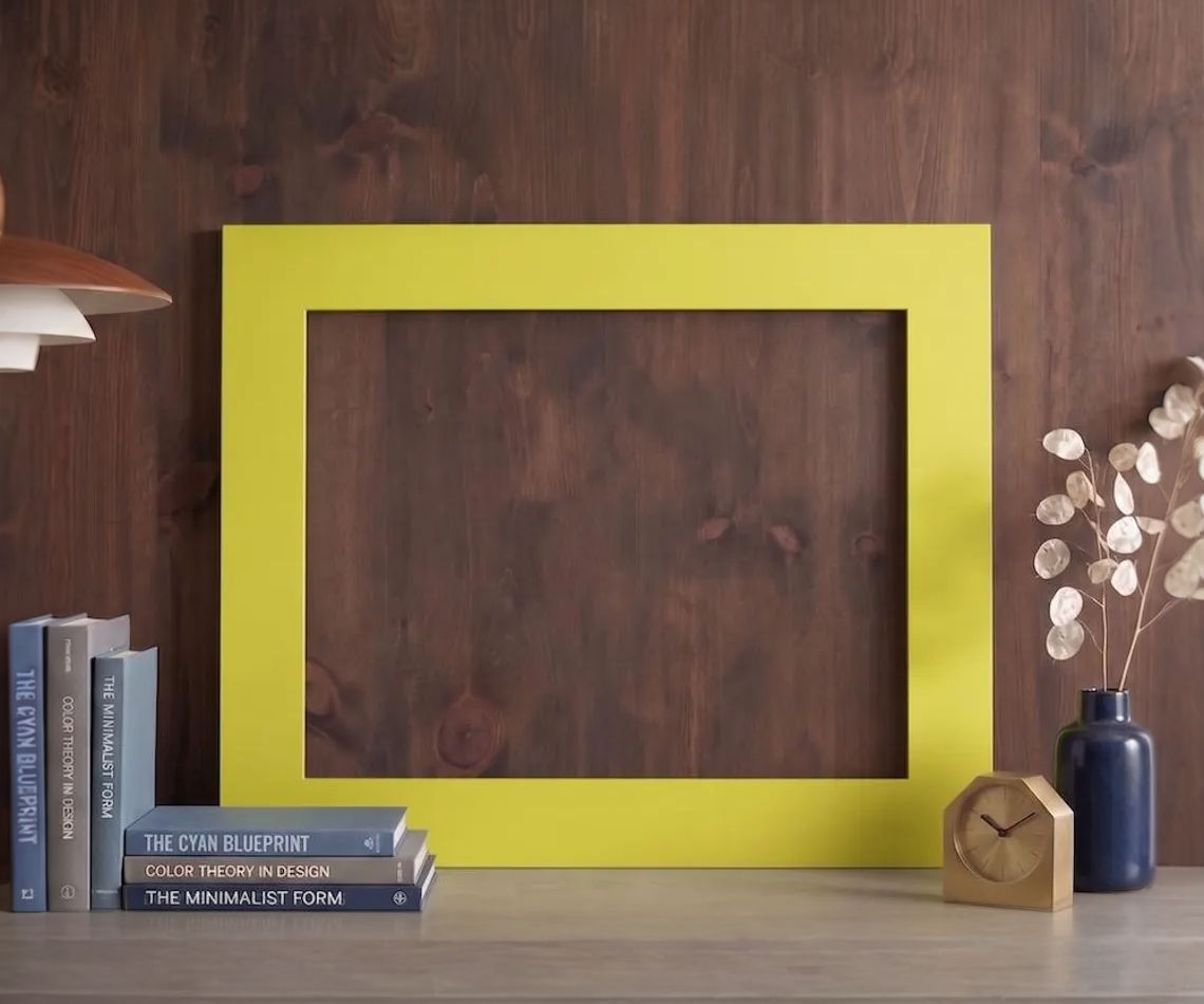 Contemporary bright yellow wood picture frame handcrafted by Funky Frames UK