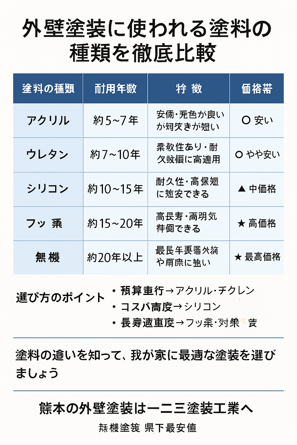 外壁塗装に使われる塗料の種類を徹底比較｜アクリル・ウレタン・シリコン・フッ素・無機の違いとは？