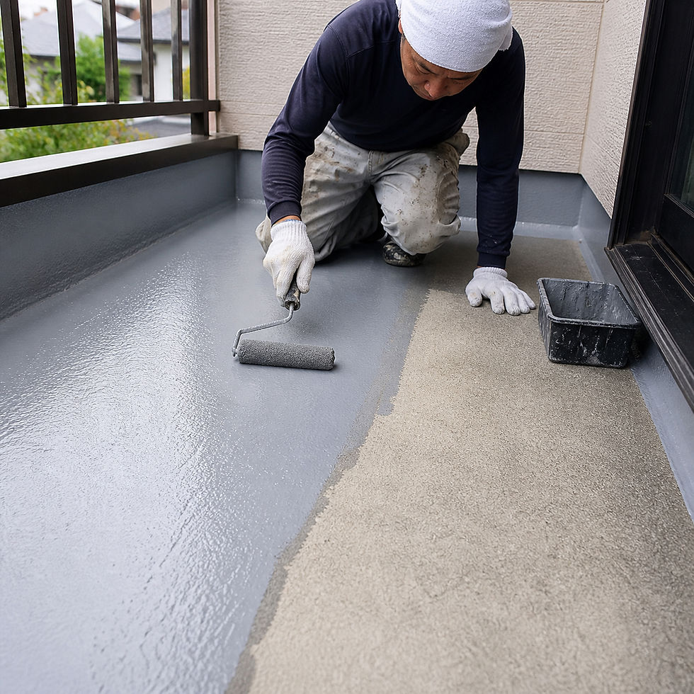 ベランダの床にローラーで防水塗装を施す作業員