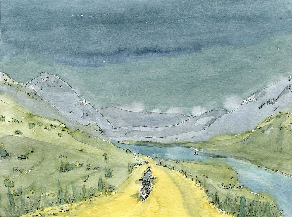 Handgezeichnetes Aquarell einer Landschaft in Asien I Kirgistan der Künstlerin Wiebke Nicklisch