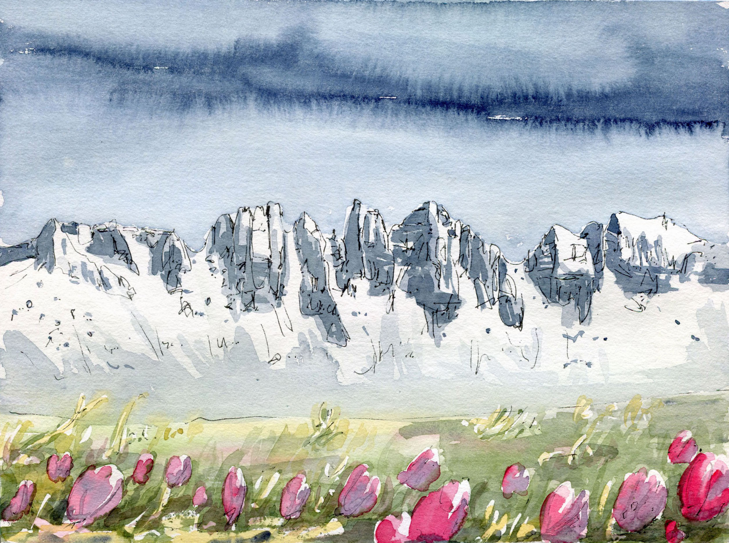 Einzigartige Zeichnung der Kalkkögel im Frühling der Künstlerin Wiebke Nicklisch