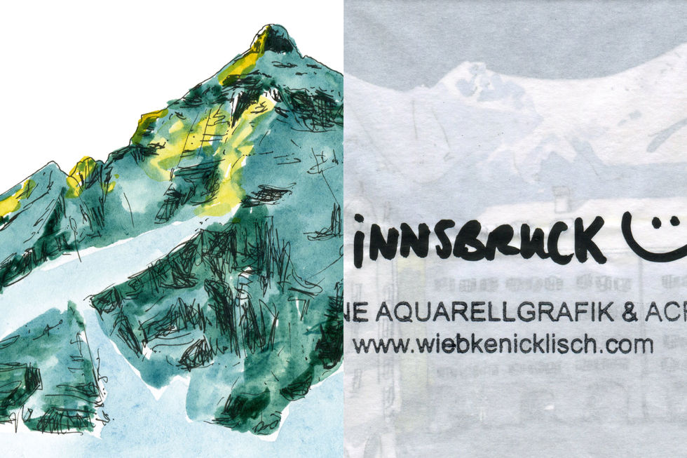 halb angeschnitten zu sehen ist das Plakat Serles sowie die Innsbrucker Postkartenreihe