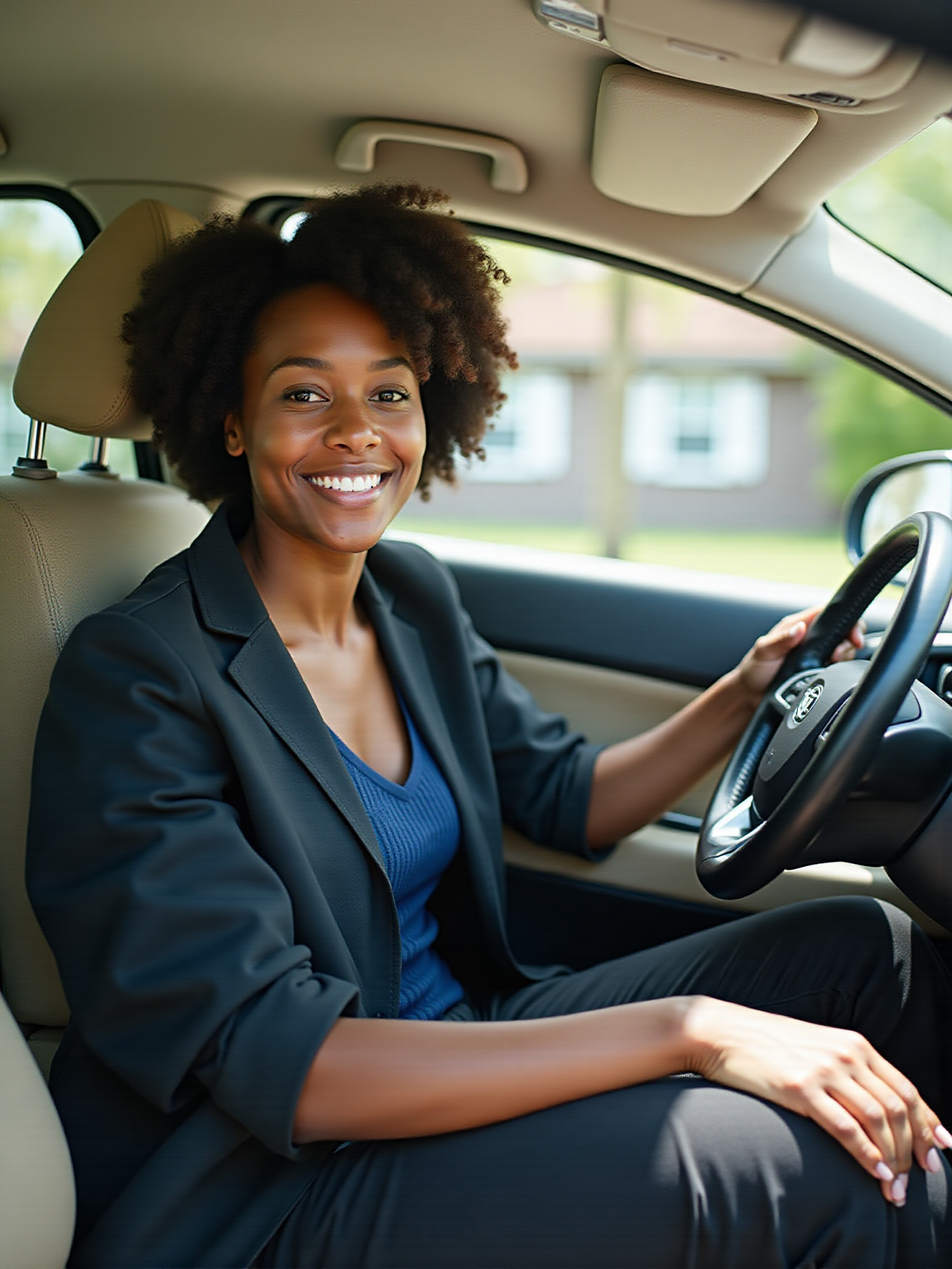 Smiling woman driving car