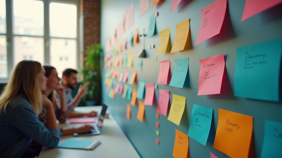 High angle view of a digital marketing team brainstorming with colorful sticky notes