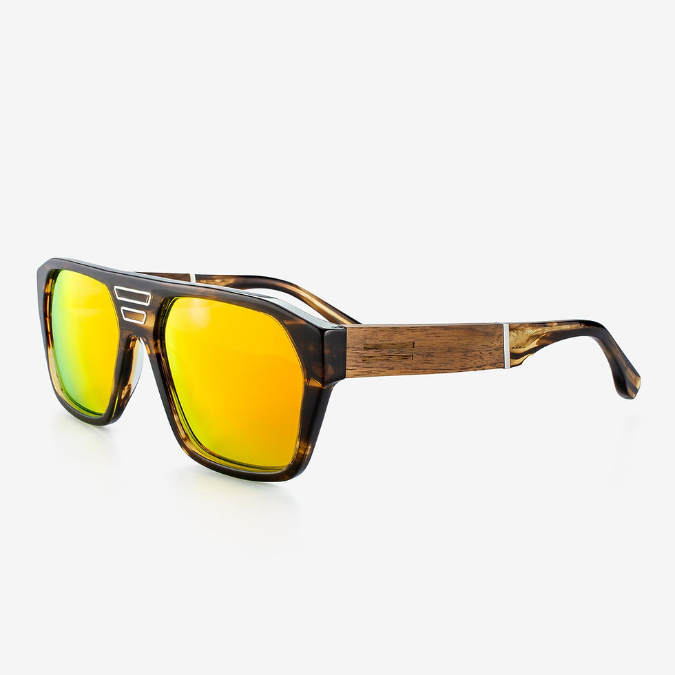 Tortoise-shell sunglasses with reflective orange lenses and wooden arms
