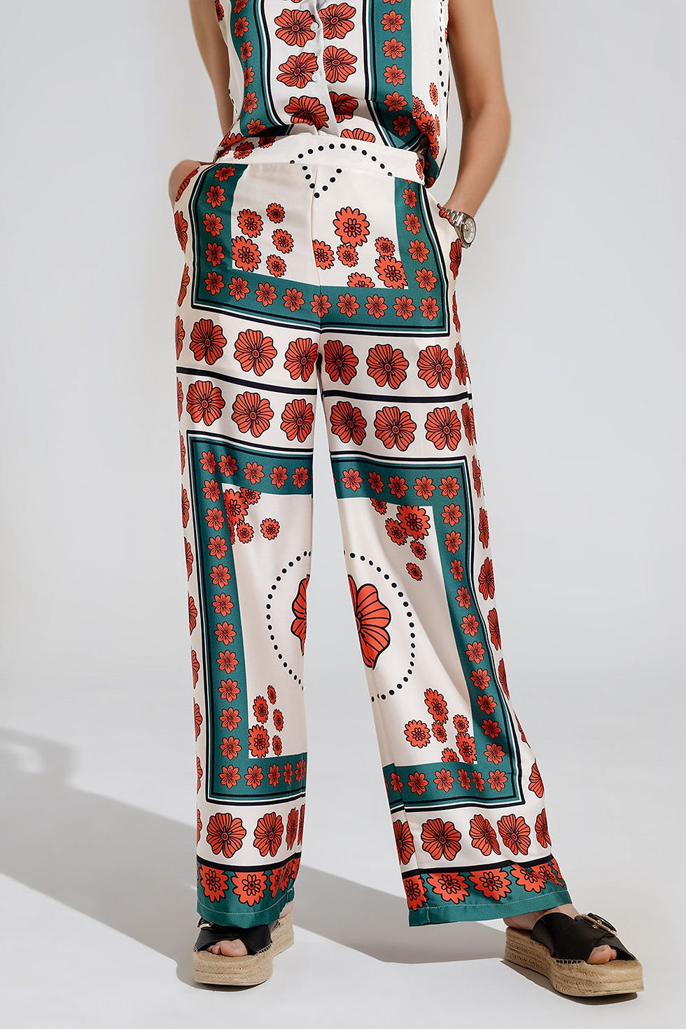 Satin Creme Flared Pants With Floral Design