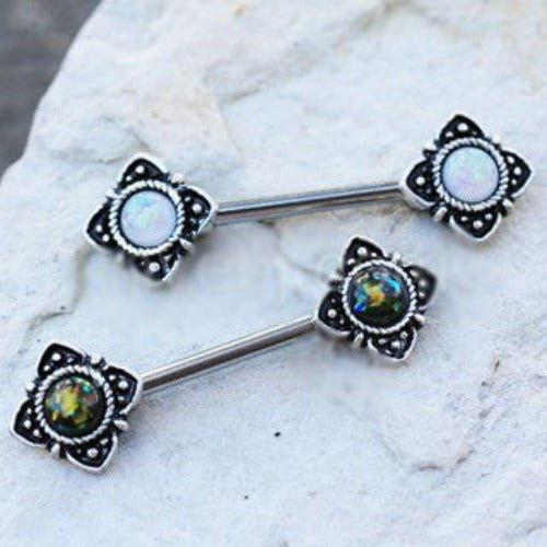 Mystical Flower Nipple Bar With Synthetic Opal
