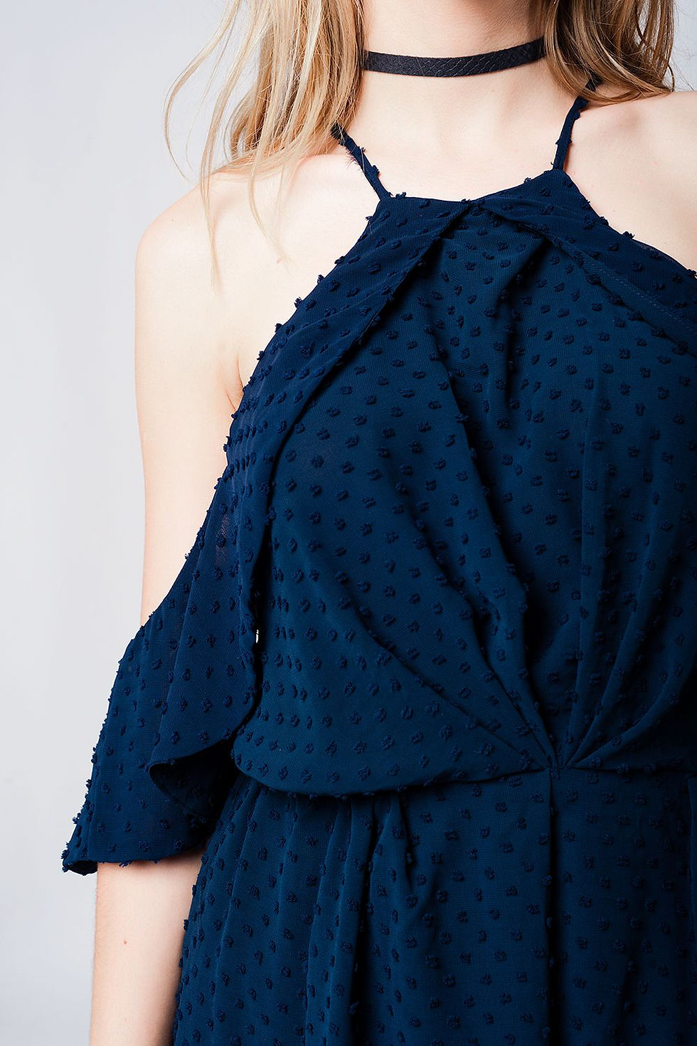 Thumbnail: Navy Plumeti Cold-Shoulder Lightweight Romper