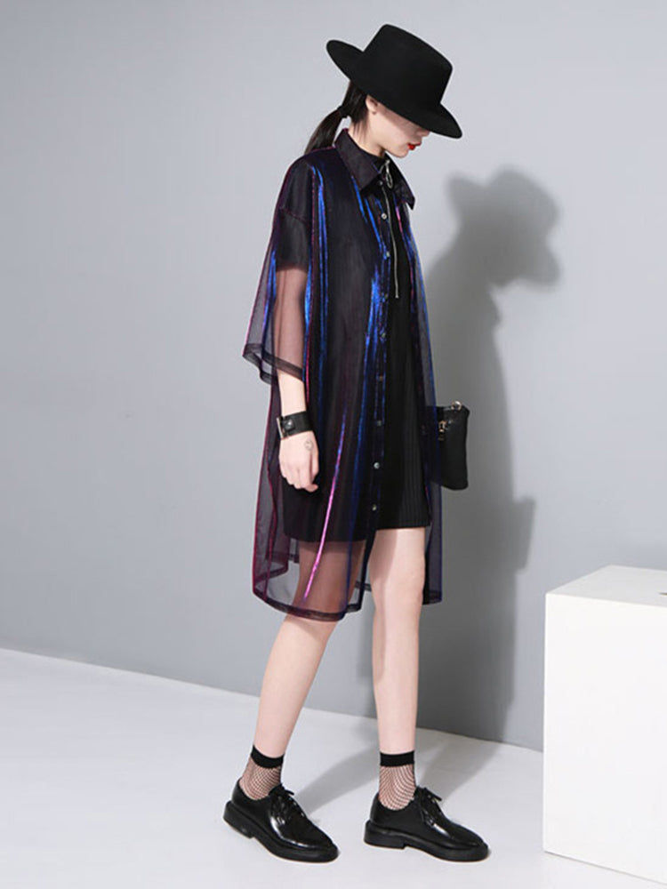 الصورة المصغرة: Reece Sheer Shimmer Shirt Dress - Rose Red Blue