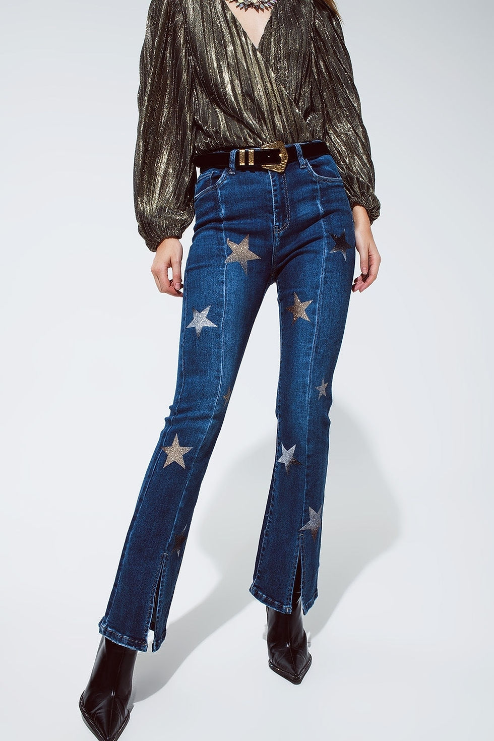 Thumbnail: Flared Jeans With Shiny Stars Detail in Blue