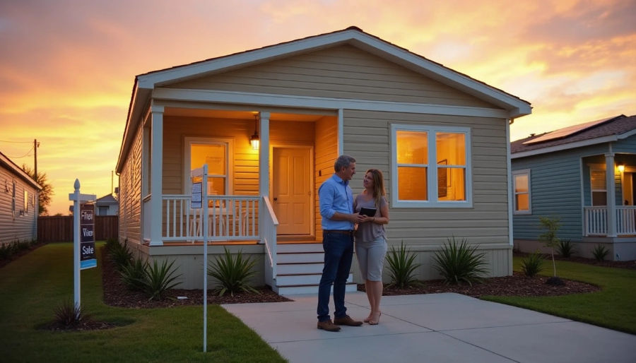 Couple stands in front of a beige house at sunset, holding documents. "For Sale" sign nearby. Warm light glows from windows, creating cozy mood.