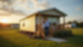 A smiling couple stands on the porch of a small, beige house at sunset, surrounded by green grass and flowers, evoking a peaceful mood.