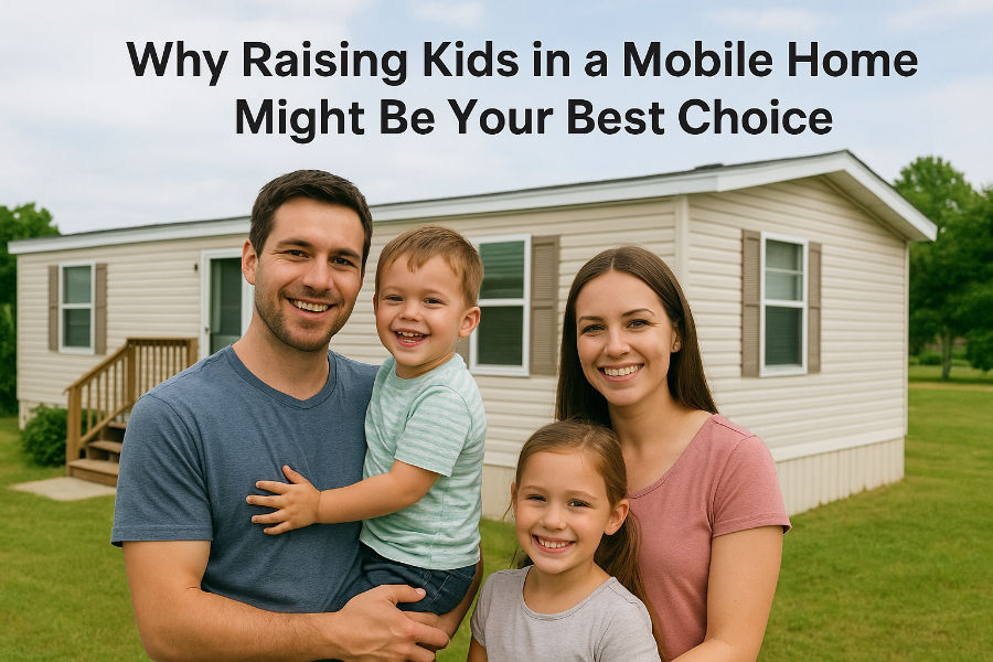 A smiling family of four stands in front of a beige mobile home on a sunny day. Text reads: "Why Raising Kids in a Mobile Home Might Be Your Best Choice."