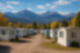 Mobile homes line a dirt road with mountains and autumn trees in the background. The sky is blue with scattered clouds, creating a tranquil scene.