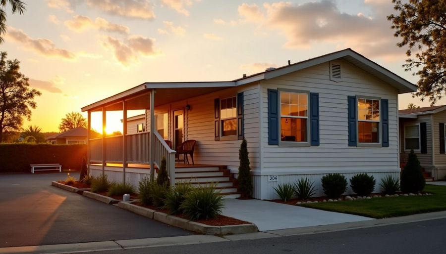 White house with blue shutters at sunset, yellow-orange sky, small porch, and plants. House number 204 visible. Tranquil mood.