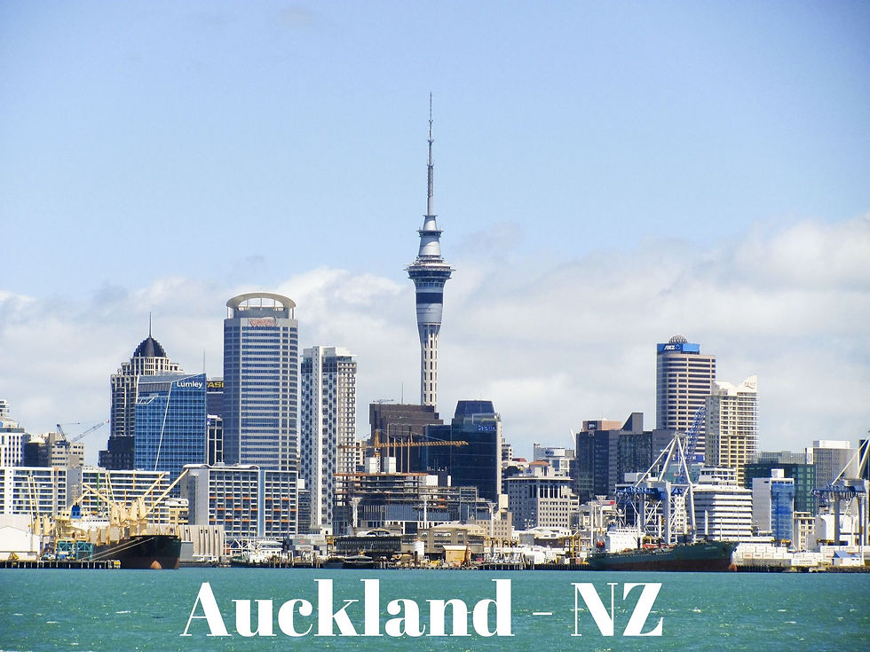 Auckland - New Zealand City Skyline, overlooking the ocean through the shipping docs to the city iteself.