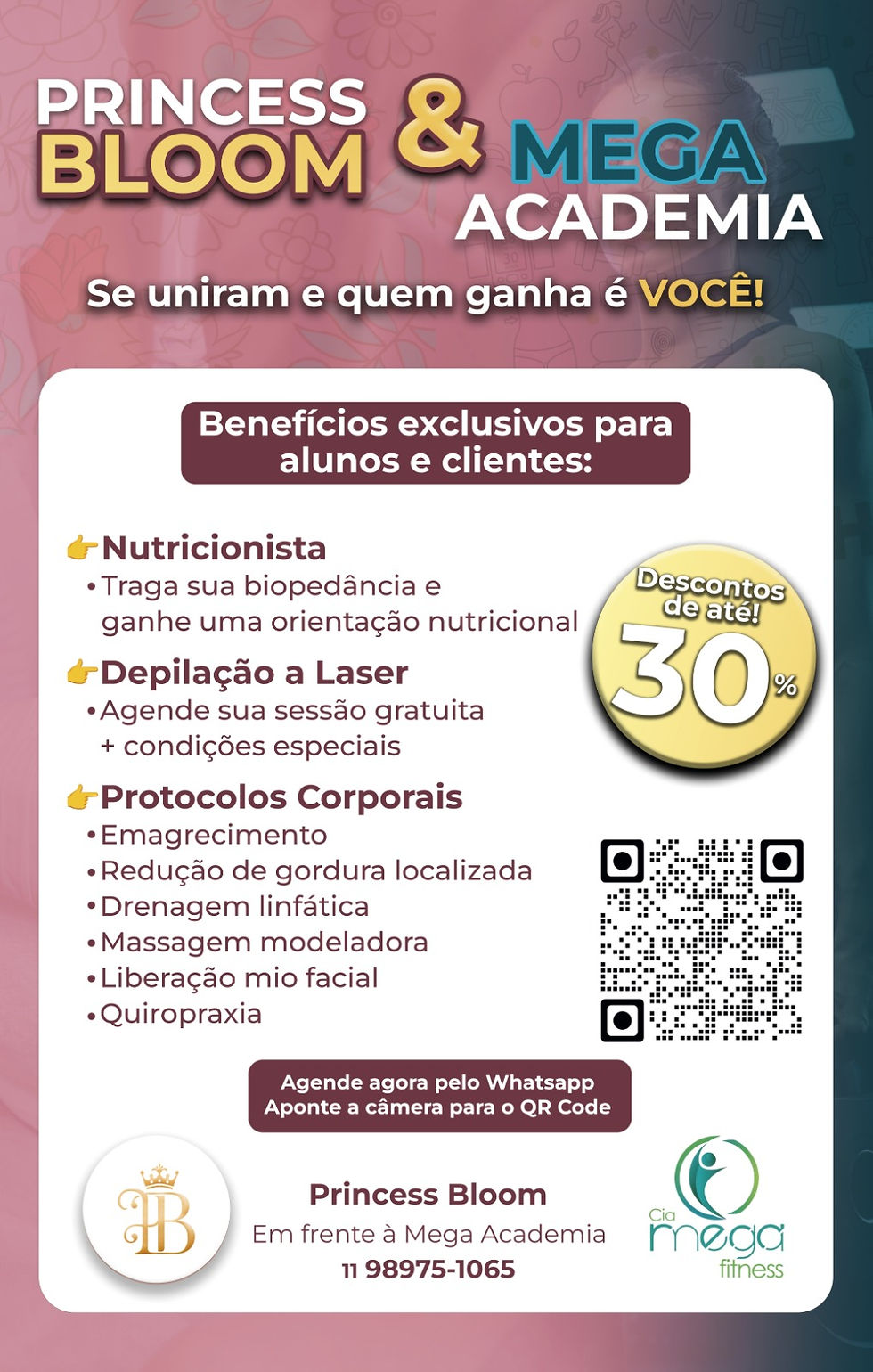 Benefícios exclusivos para alunos da Mega Fitness na Princess Bloom com nutrição e estética corporal