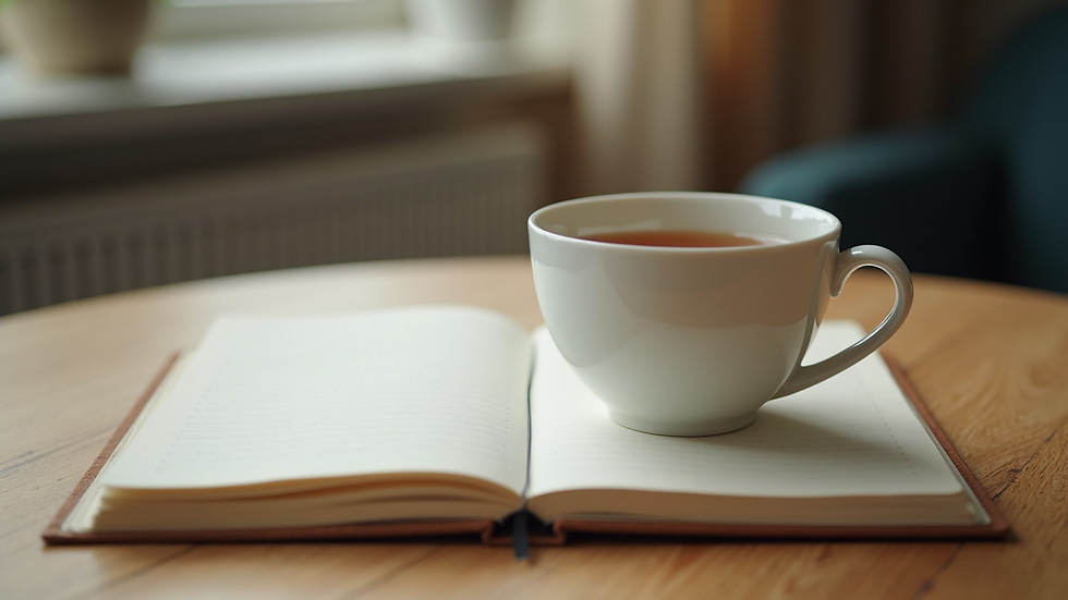 Close-up view of an open notebook and a cup of tea on a wooden table