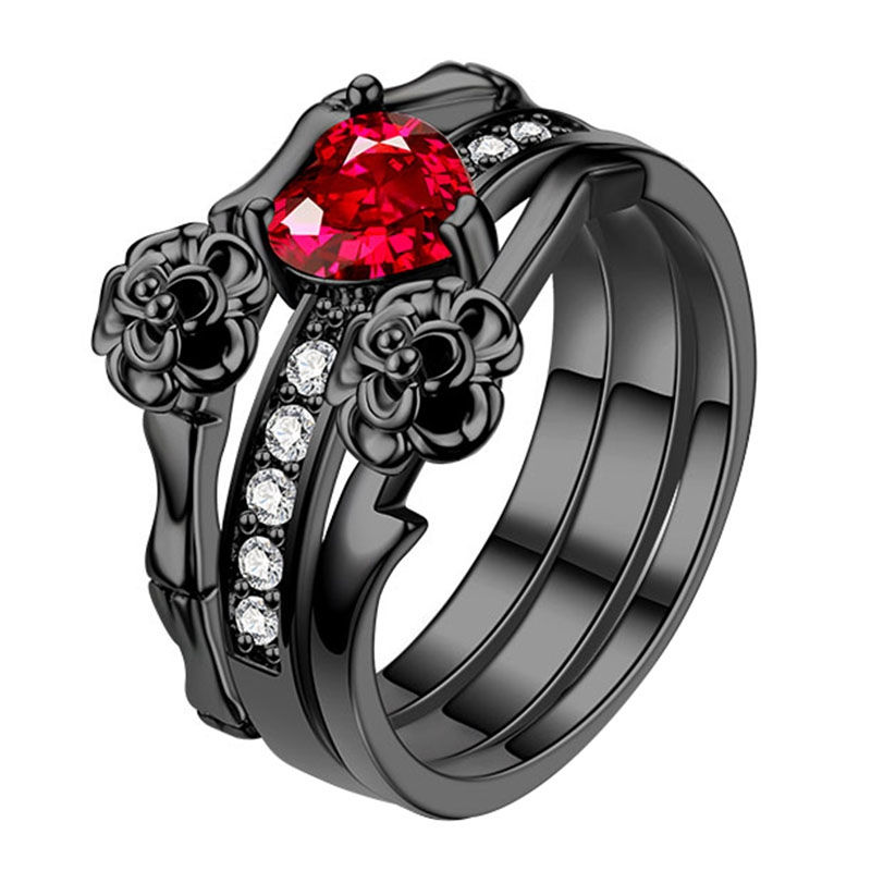 Thumbnail: Women's Red Crystal Black Rose Flower Ring Set Wedding Jewelry