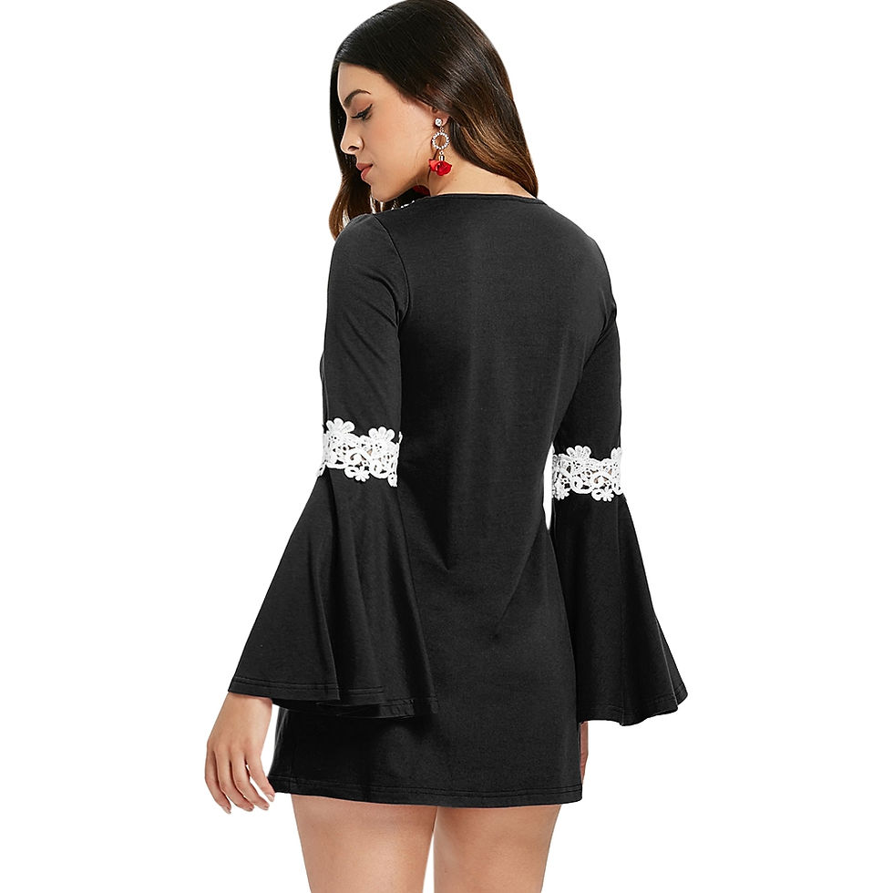 Thumbnail: Crochet Front Flare Sleeve Short Dress - Black