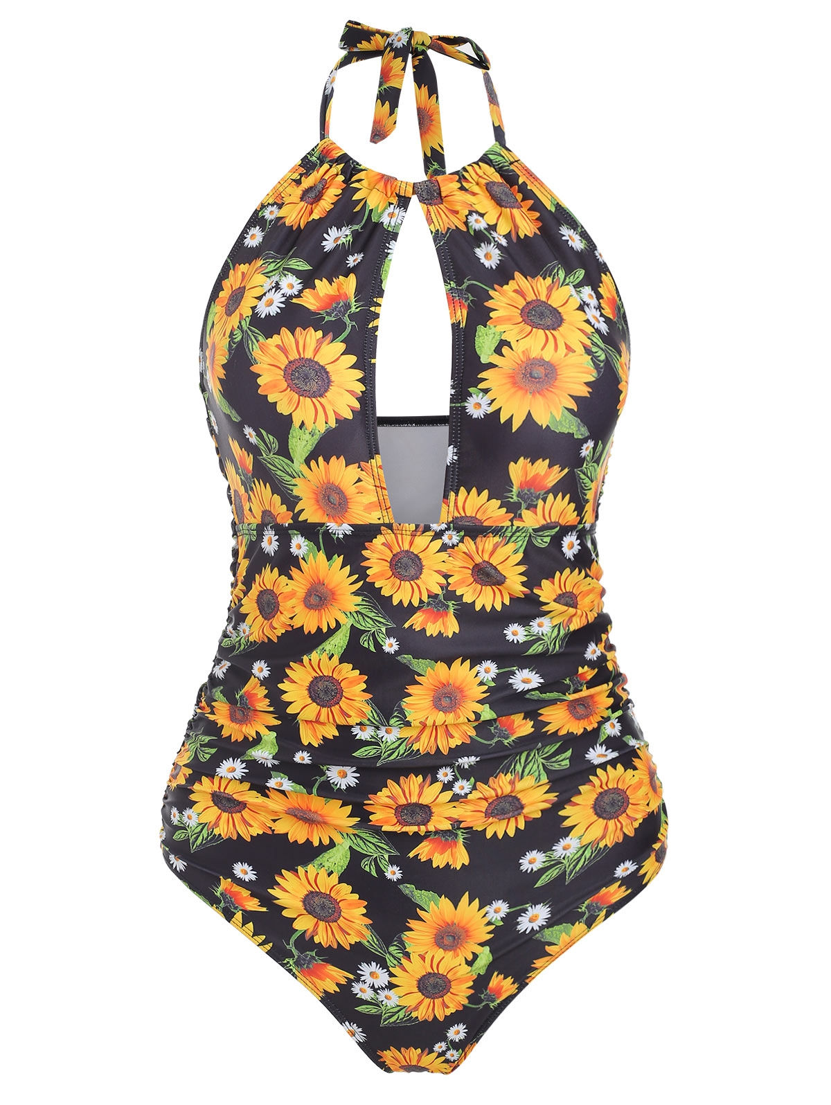 Cut Out Ruched Sunflower Swimsuit