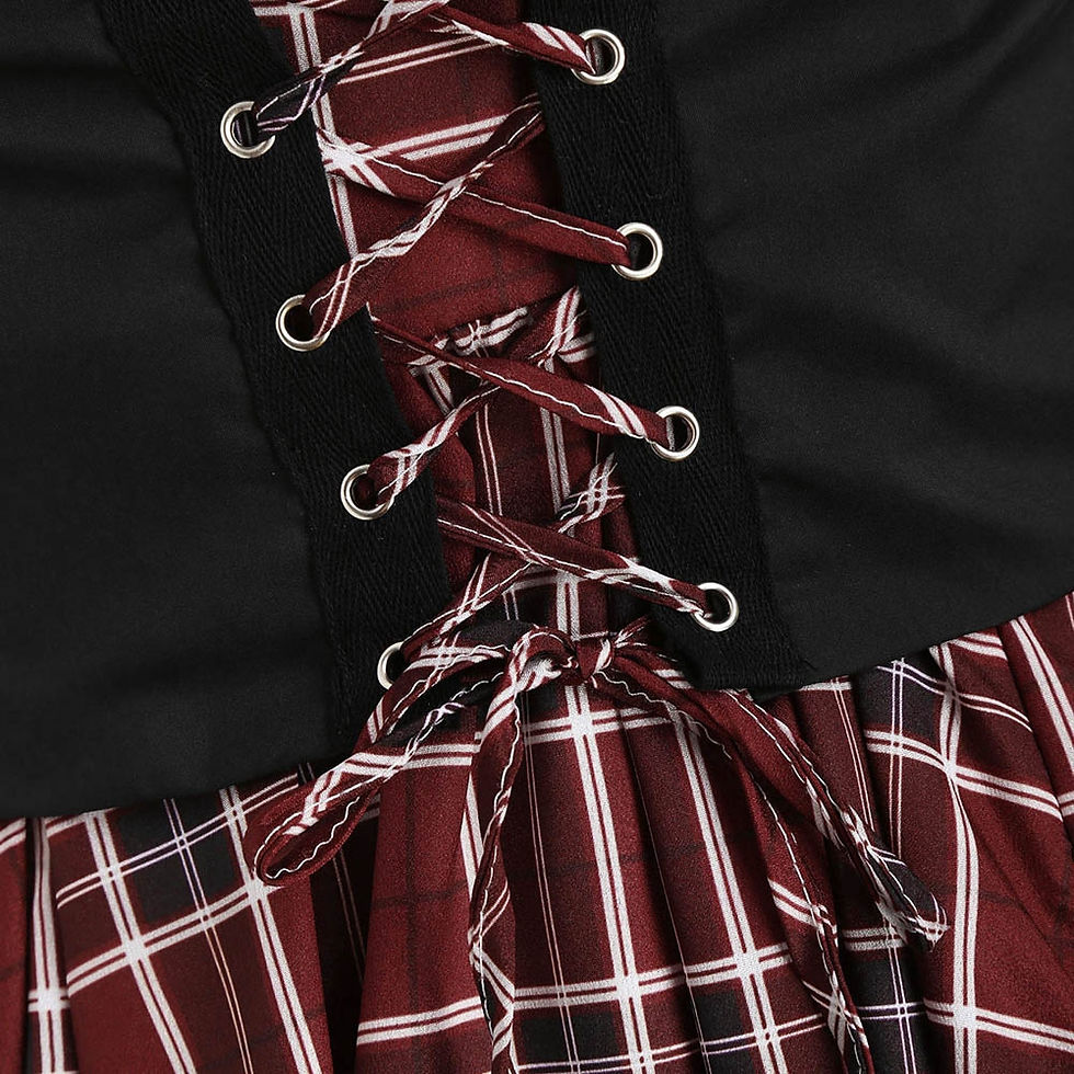 Thumbnail: Lace Up Plaid Ruched Tied A Line Dress
