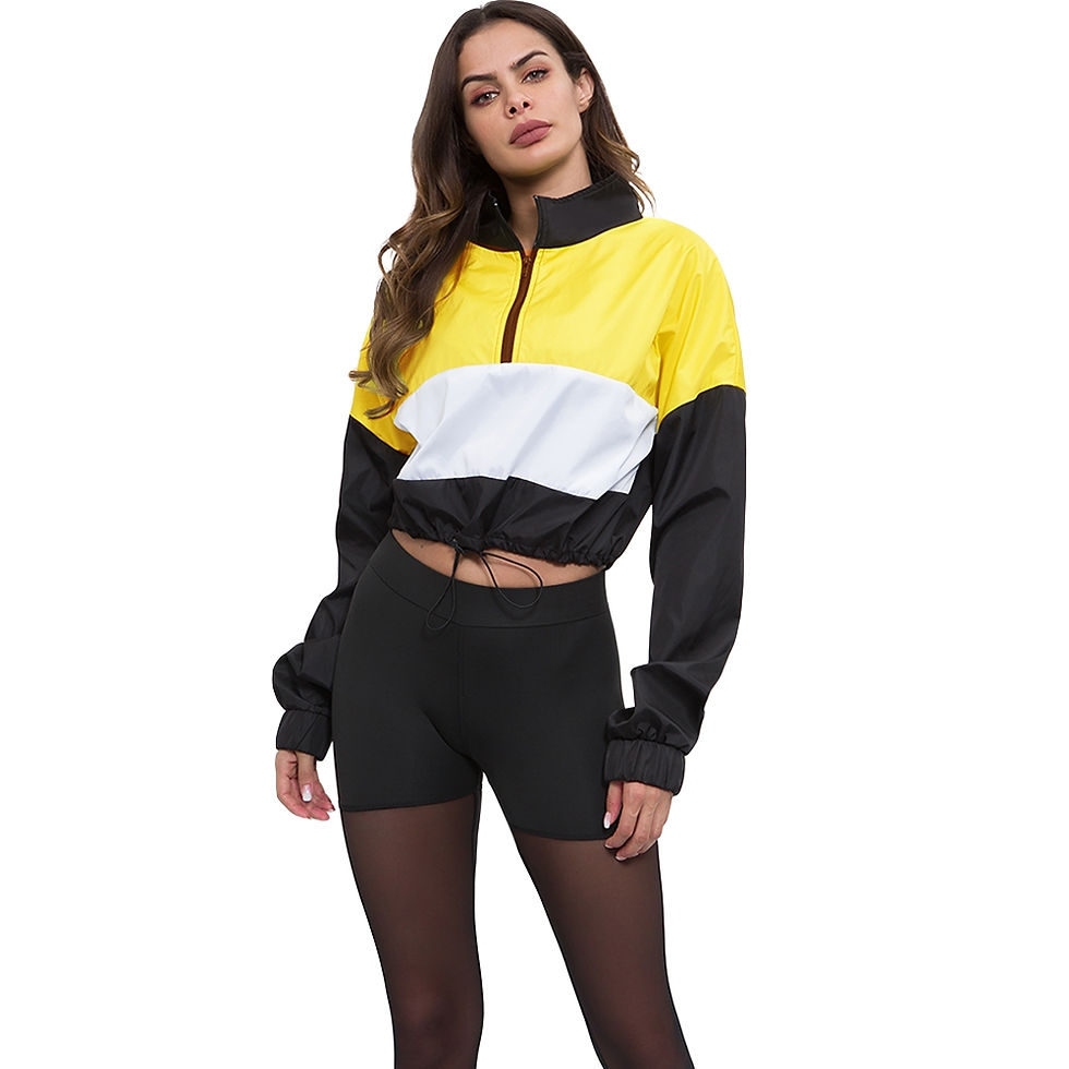 Thumbnail: Women Pullover Stand Collar Color Blocking Zipper Drawstring