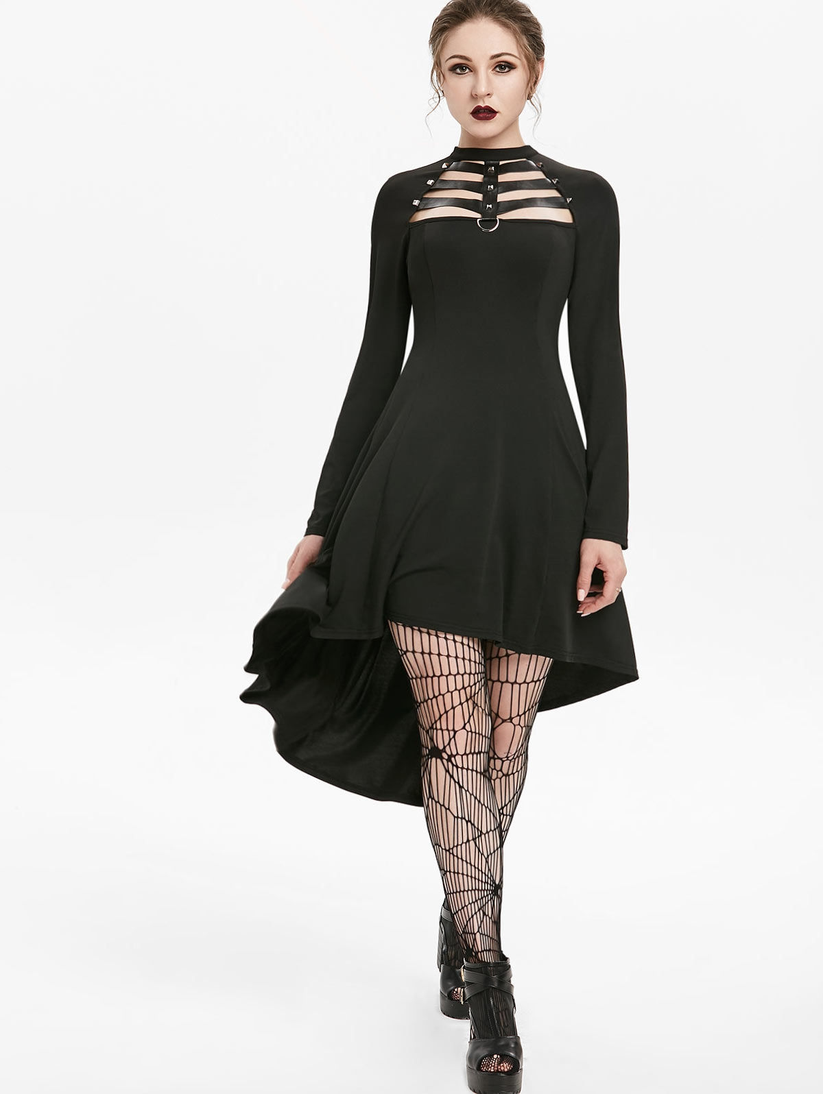 Embellished Faux Leather Insert Raglan Sleeve High Low Gothic Dress