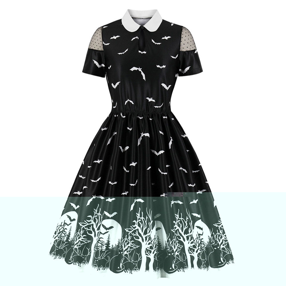 Bat Print Flat Collar Swiss Dot Panel Halloween Dress