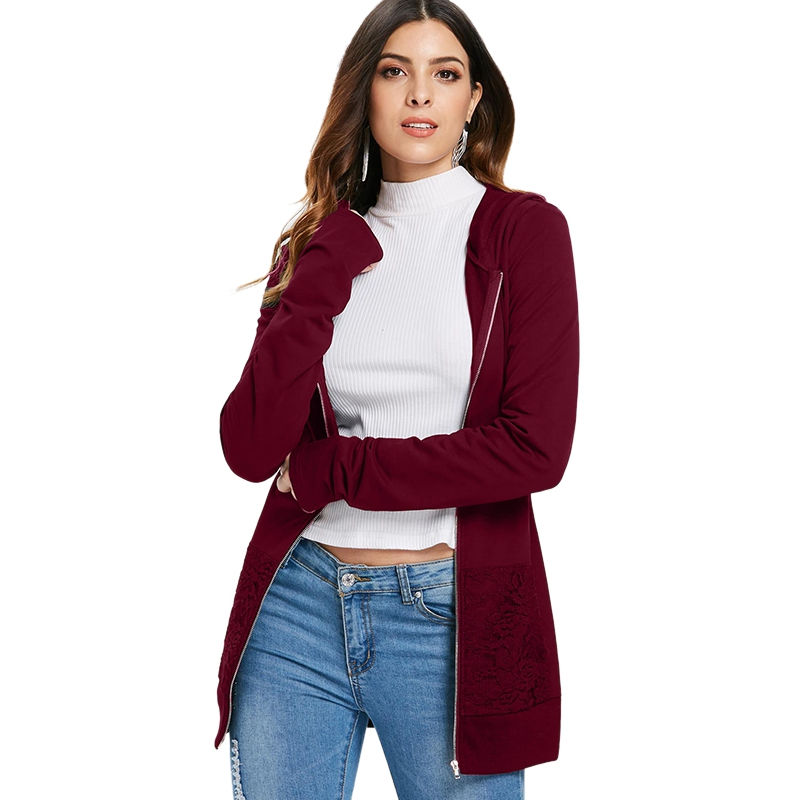 Thumbnail: Criss Cross Back Lace Insert Zipper Hoodie
