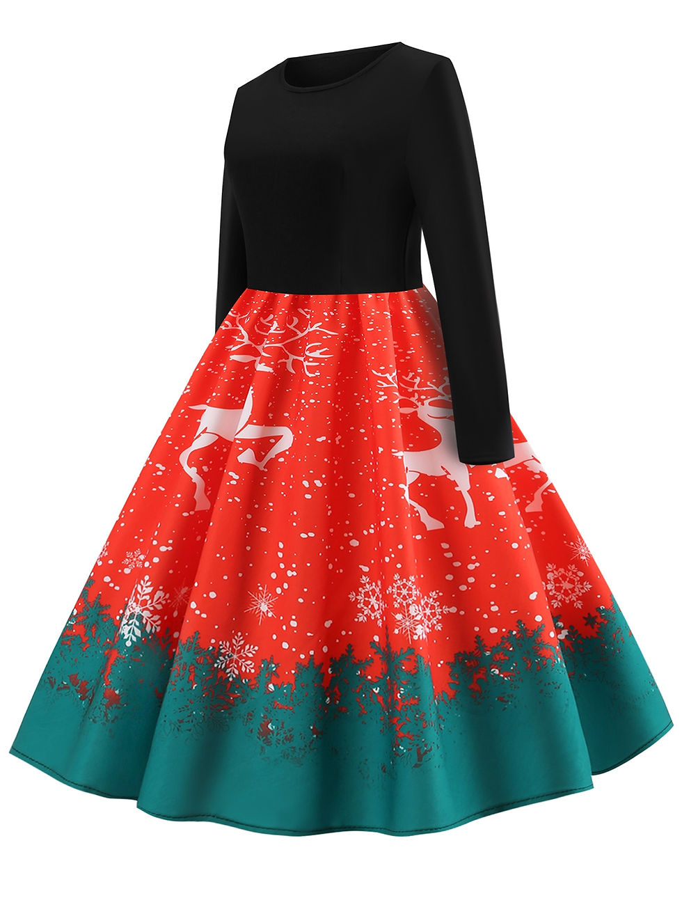Thumbnail: Christmas Elk Print Fit and Flare Dress