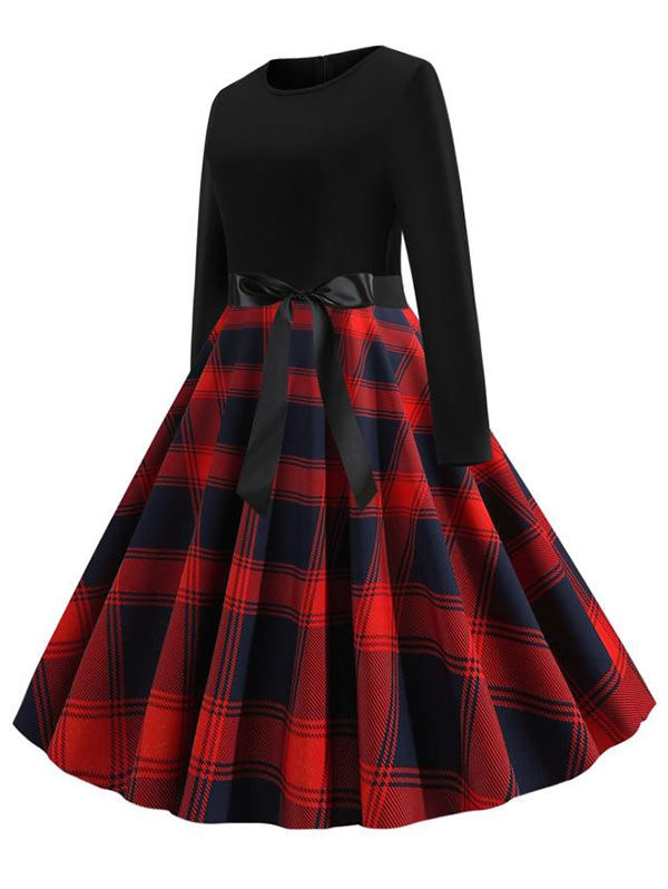 Thumbnail: Plus Size Plaid Belted Vintage Dress