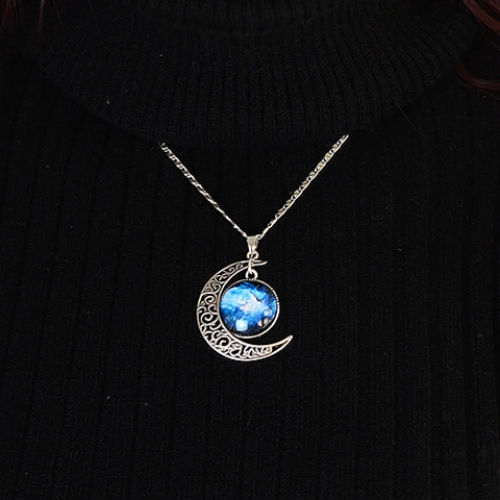 Thumbnail: Artificial Gem Moon Round Pendant Necklace