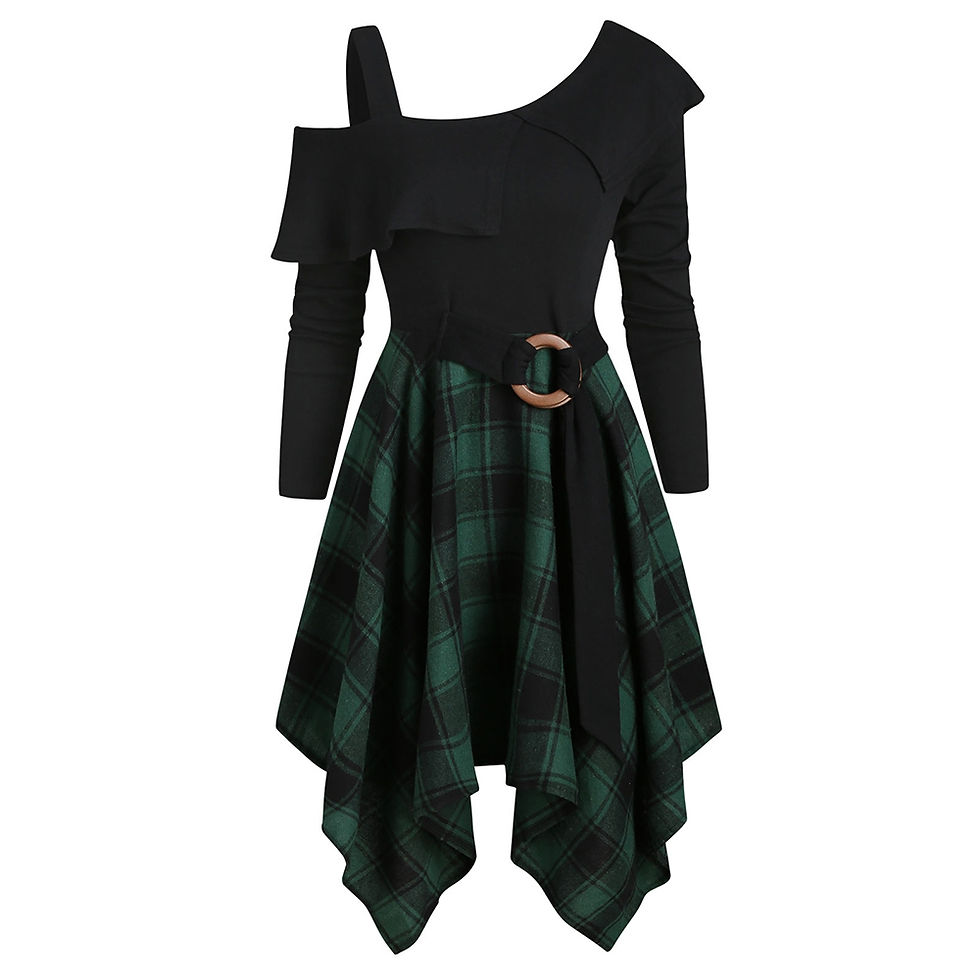 Thumbnail: Plaid Skew Neck Flounce Asymmetrical Dress