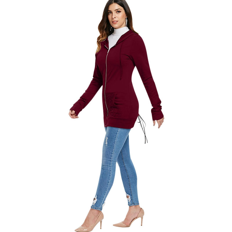 Thumbnail: Criss Cross Back Lace Insert Zipper Hoodie