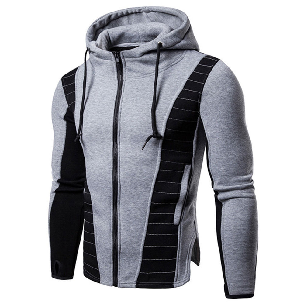 Drawstring Zip Up Color Blocking Hoodie