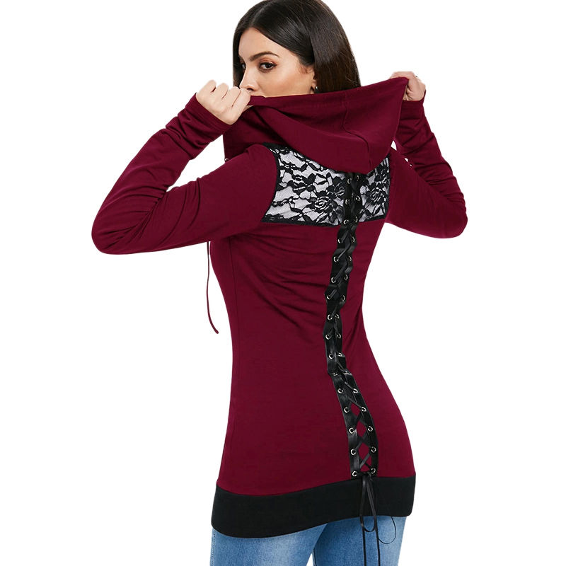 Thumbnail: Criss Cross Back Lace Insert Zipper Hoodie