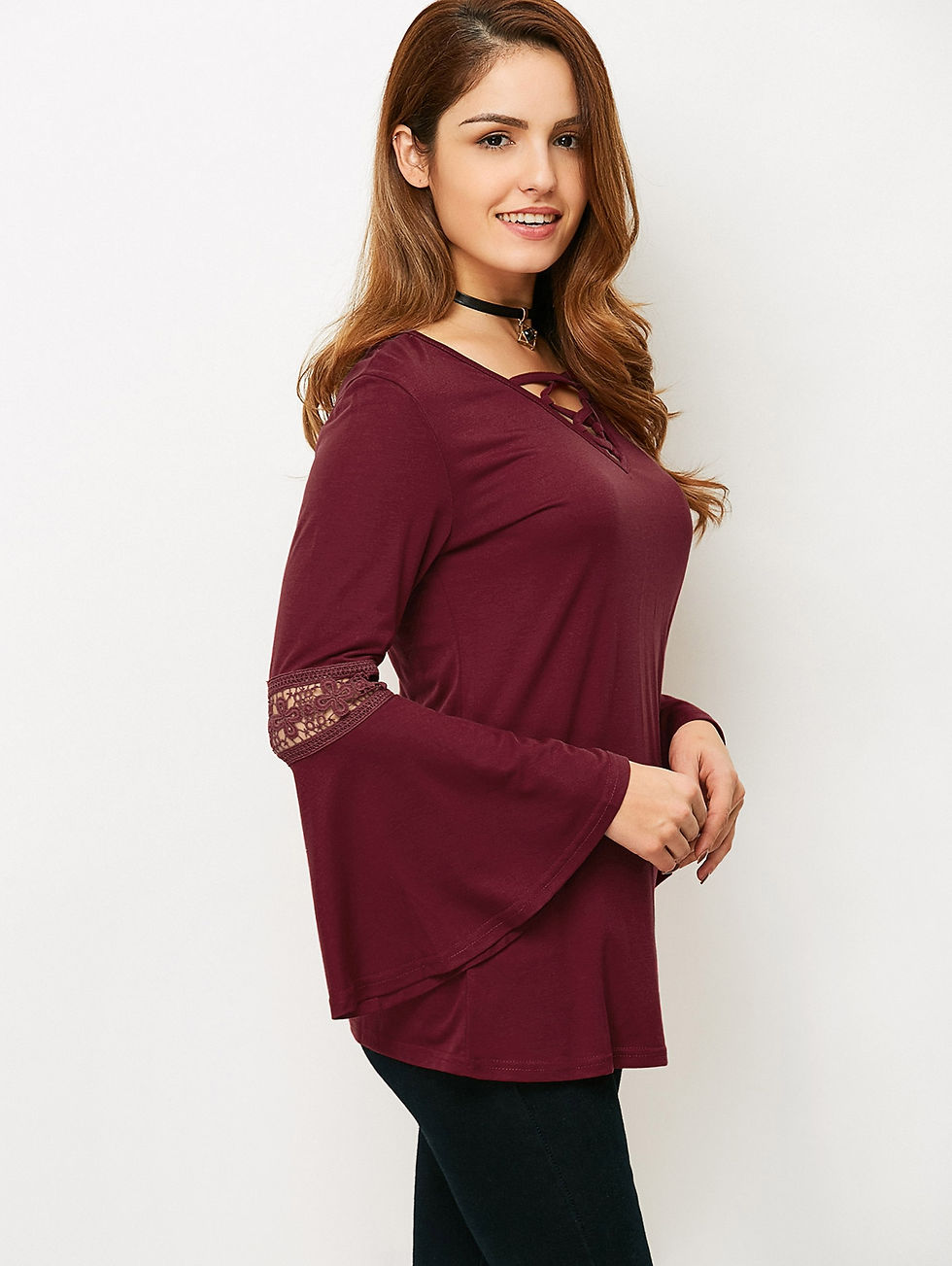 Thumbnail: V Neck Lace-Up Flare Sleeve Loose T-Shirt
