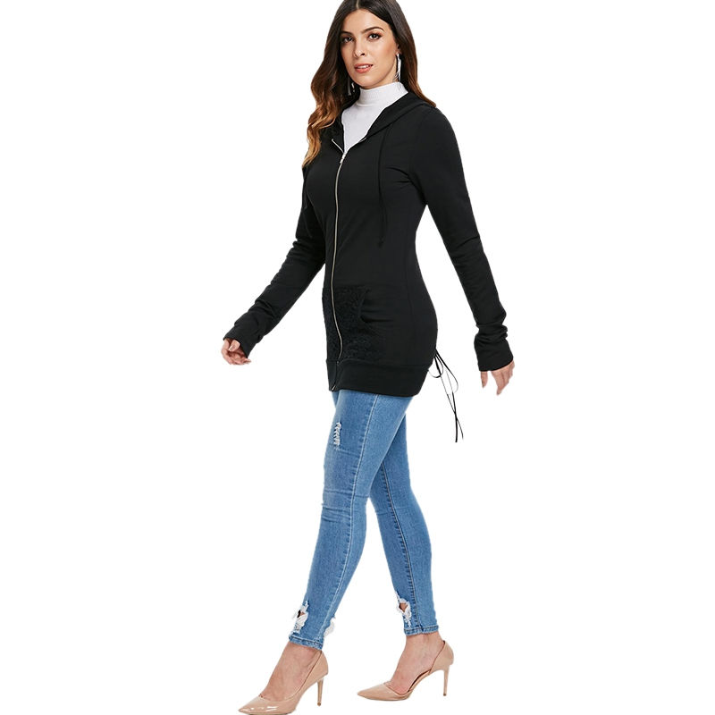 Thumbnail: Criss Cross Back Lace Insert Zipper Hoodie