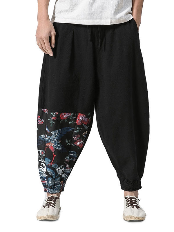 Thumbnail: Cotton Linen Chinoiserie Printed Jogger Pants